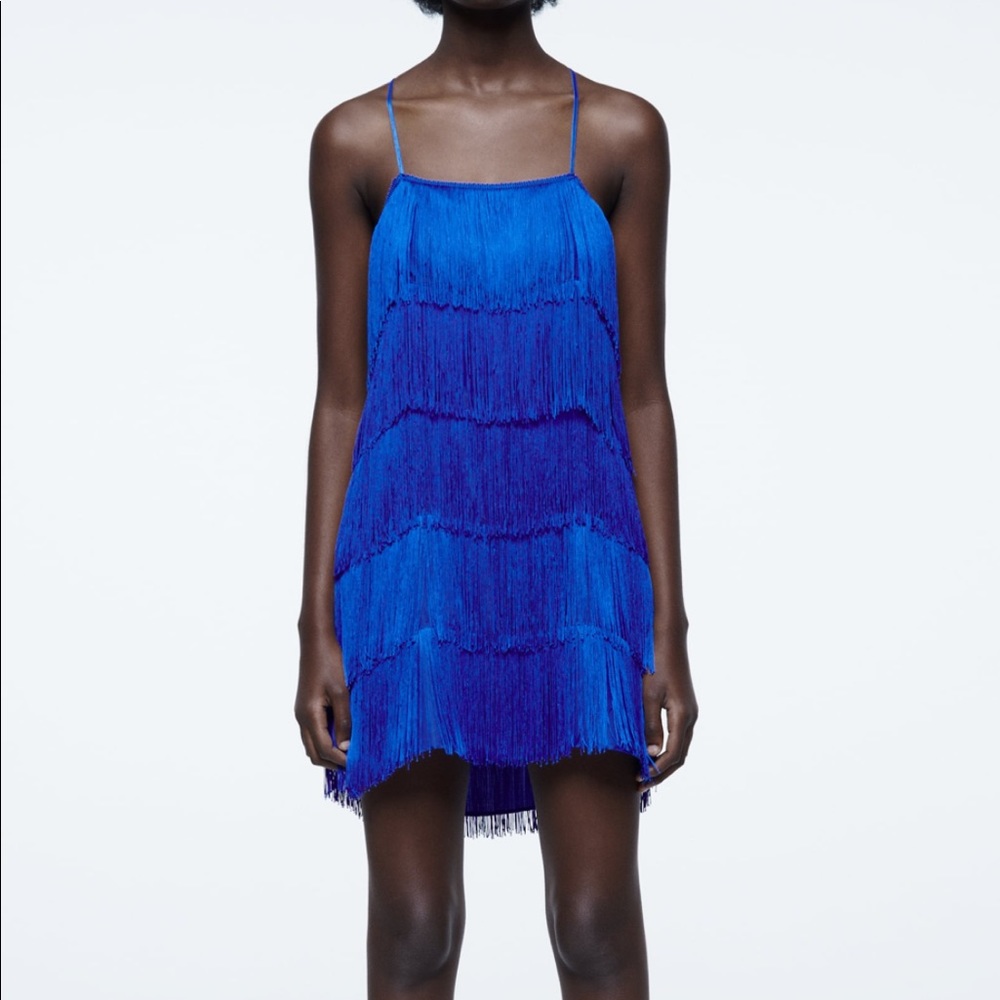 New zara blue fringed dress Small